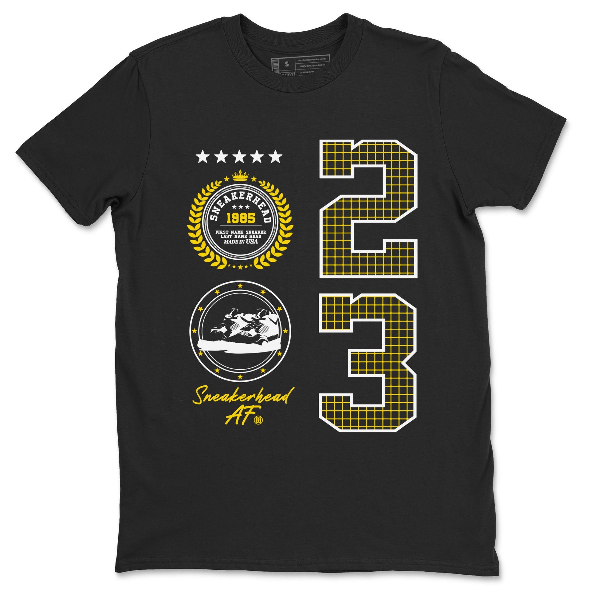 AJ4 Vivid Sulfur shirt to match jordans Sneaker Emblem sneaker tees Air Jordan 4 Vivid Sulfur SNRT Sneaker Release Tees unisex cotton Black 2 crew neck shirt