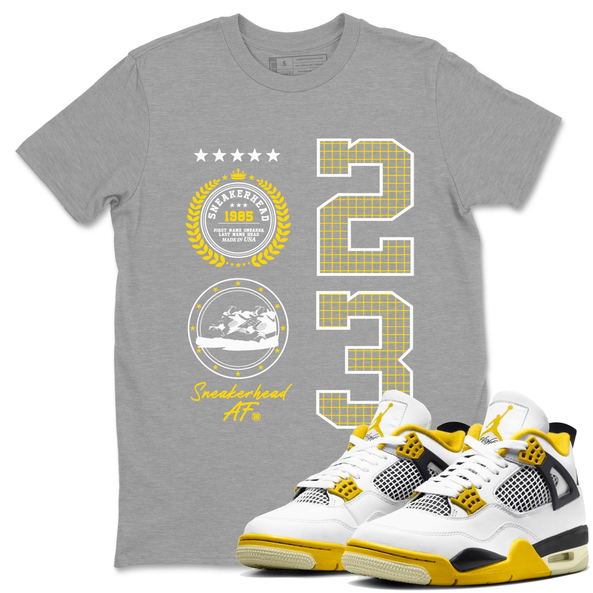 AJ4 Vivid Sulfur shirt to match jordans Sneaker Emblem sneaker tees Air Jordan 4 Vivid Sulfur SNRT Sneaker Release Tees unisex cotton Heather Grey 1 crew neck shirt
