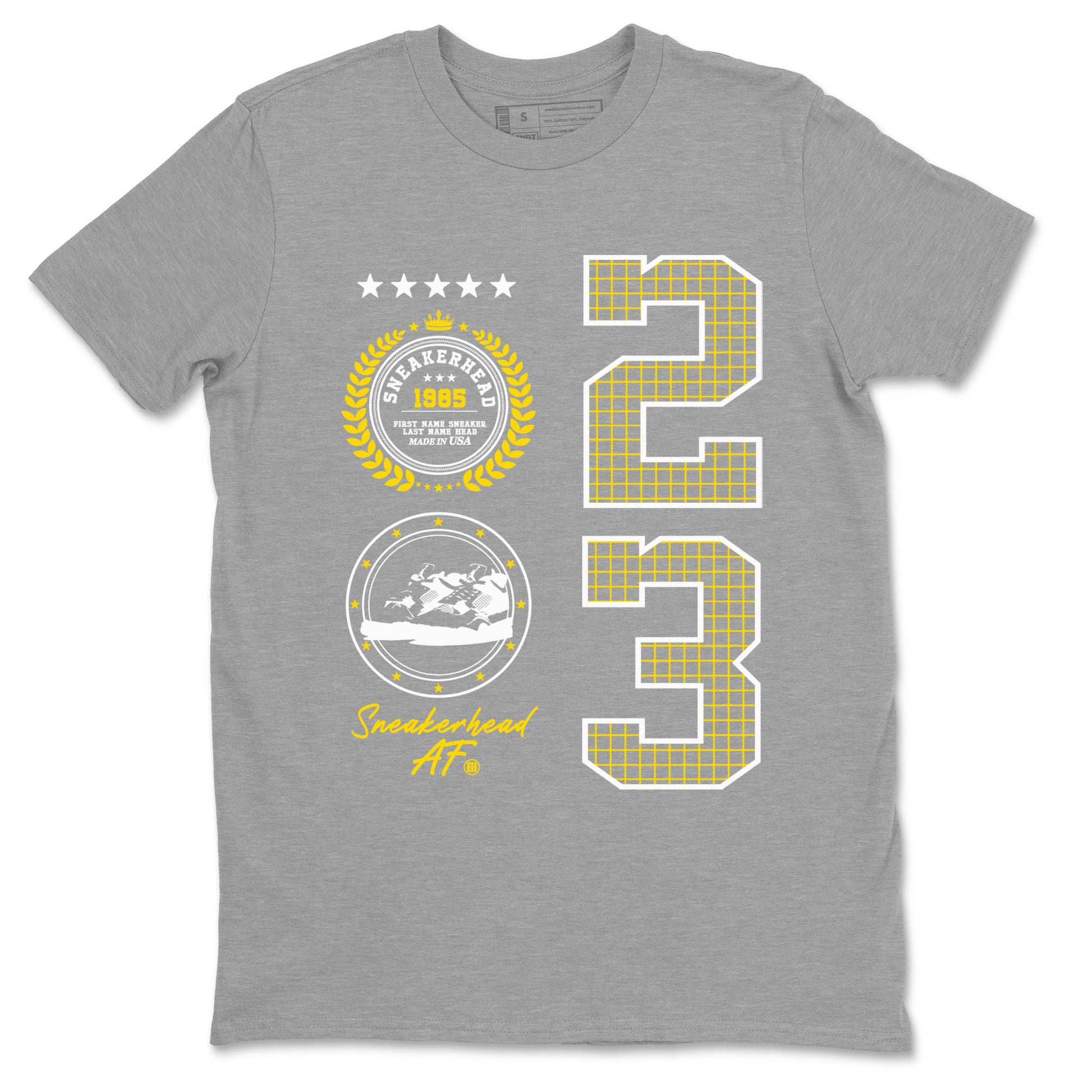 AJ4 Vivid Sulfur shirt to match jordans Sneaker Emblem sneaker tees Air Jordan 4 Vivid Sulfur SNRT Sneaker Release Tees unisex cotton Heather Grey 2 crew neck shirt