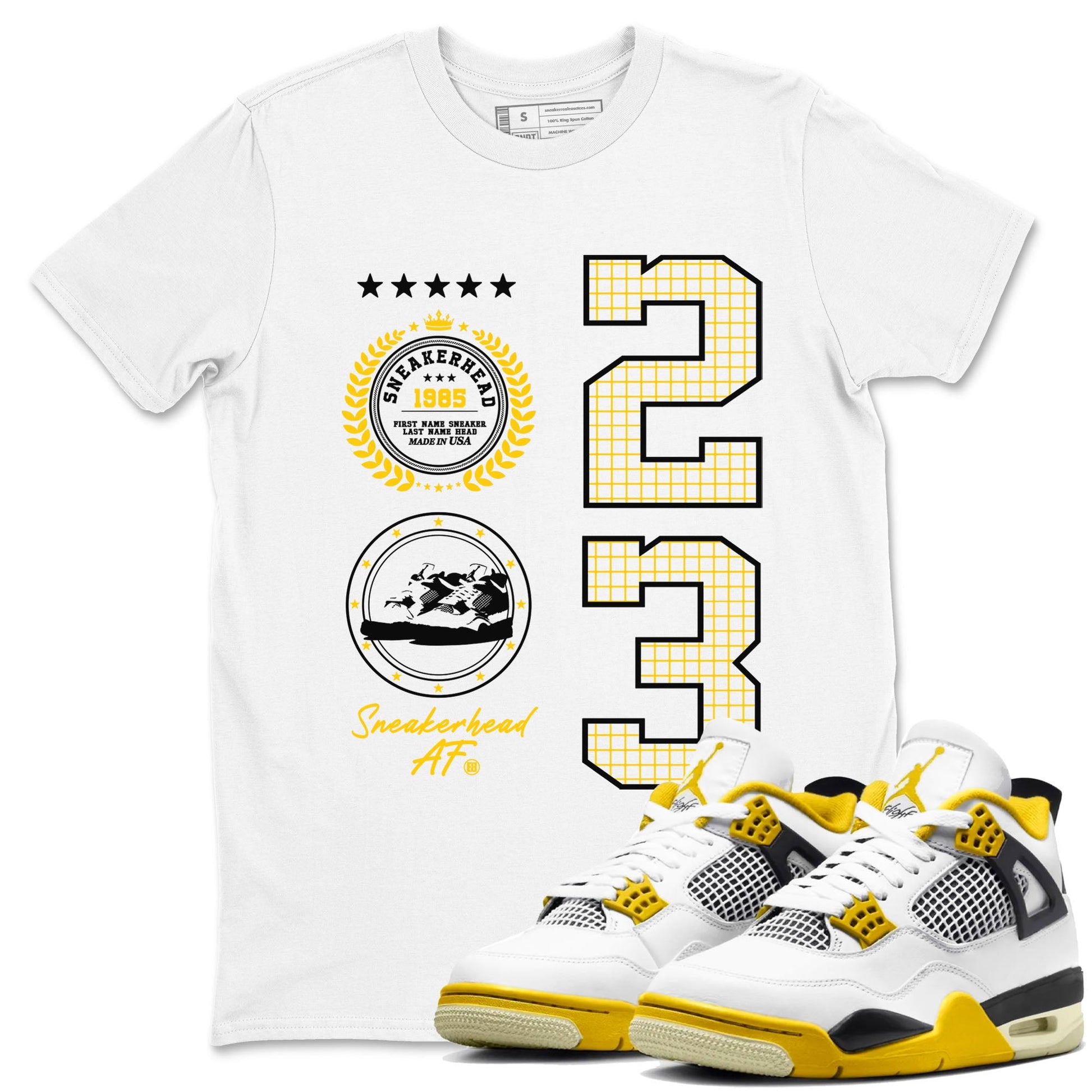 AJ4 Vivid Sulfur shirt to match jordans Sneaker Emblem sneaker tees Air Jordan 4 Vivid Sulfur SNRT Sneaker Release Tees unisex cotton White 1 crew neck shirt
