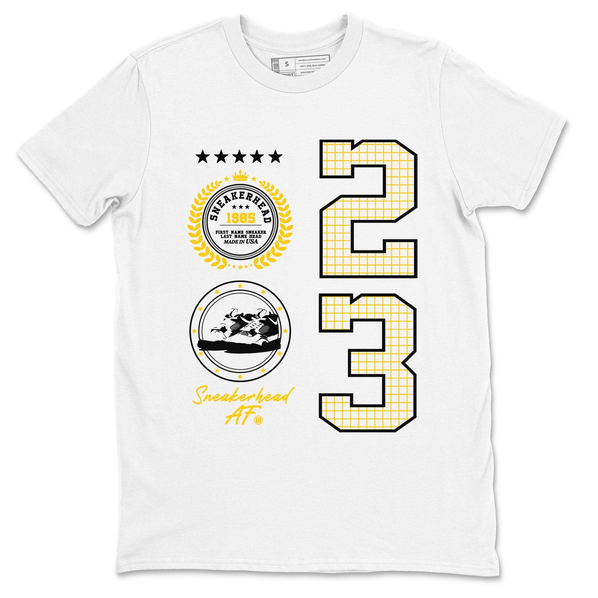 AJ4 Vivid Sulfur shirt to match jordans Sneaker Emblem sneaker tees Air Jordan 4 Vivid Sulfur SNRT Sneaker Release Tees unisex cotton White 2 crew neck shirt