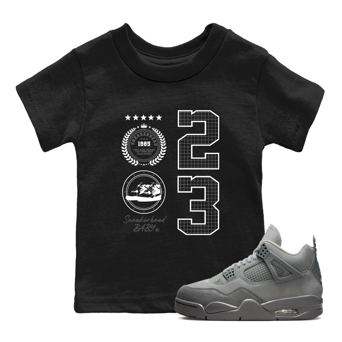 4s Wet Cement shirts to match jordans Sneaker Emblem sneaker match tees Air Jordan 4 Wet Cement SNRT Sneaker Release Tees Youth Baby Black 1 crew neck shirts