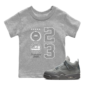 4s Wet Cement shirts to match jordans Sneaker Emblem sneaker match tees Air Jordan 4 Wet Cement SNRT Sneaker Release Tees Youth Baby Heather Grey 1 crew neck shirts