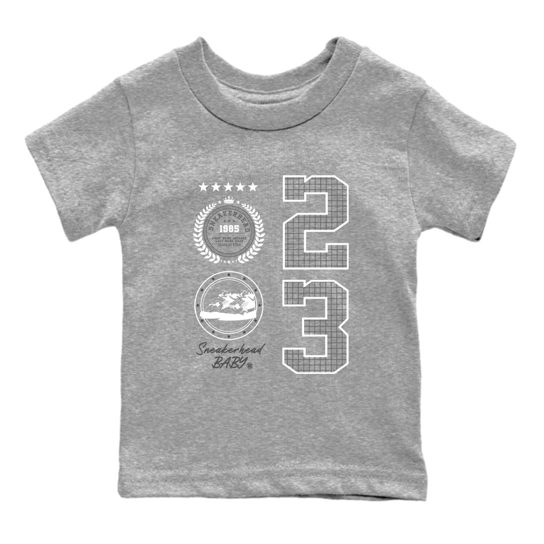 4s Wet Cement shirts to match jordans Sneaker Emblem sneaker match tees Air Jordan 4 Wet Cement SNRT Sneaker Release Tees Youth Baby Heather Grey 2 crew neck shirts