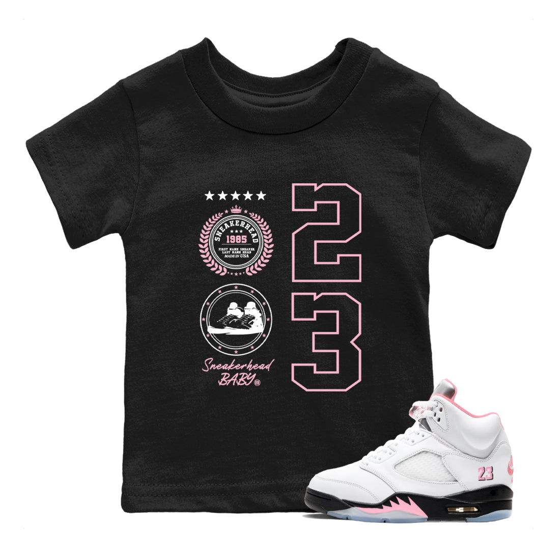 Sneaker Emblem baby and kids t-shirt crafted for little sneakerheads to shine with the Air Jordan 5 35th Anniversary sneakers, displayed in Black 1.
