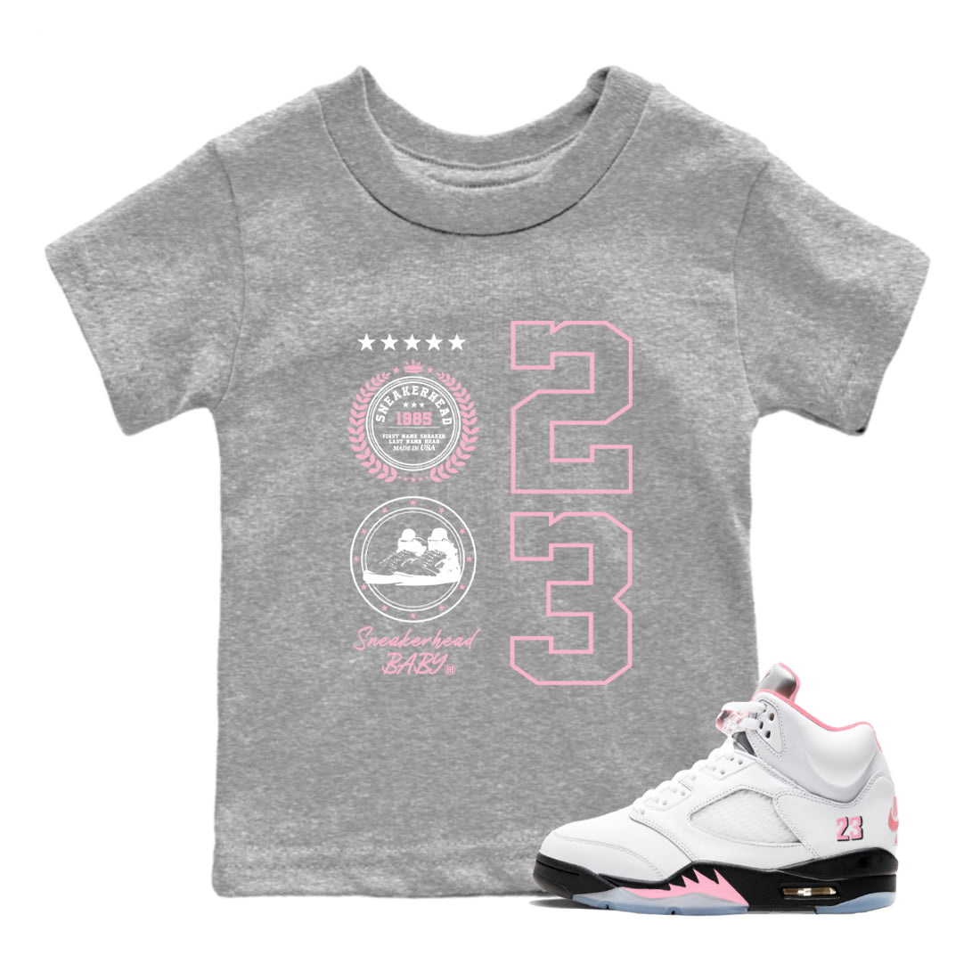Sneaker Emblem baby and kids t-shirt crafted for little sneakerheads to shine with the Air Jordan 5 35th Anniversary sneakers, displayed in Heather Grey 1.