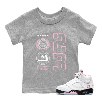 Sneaker Emblem baby and kids t-shirt crafted for little sneakerheads to shine with the Air Jordan 5 35th Anniversary sneakers, displayed in Heather Grey 1.