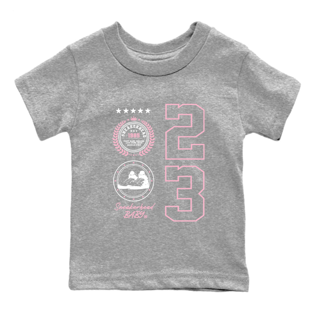 Sneaker Emblem baby and kids t-shirt crafted for little sneakerheads to shine with the Air Jordan 5 35th Anniversary sneakers, displayed in Heather Grey 2.