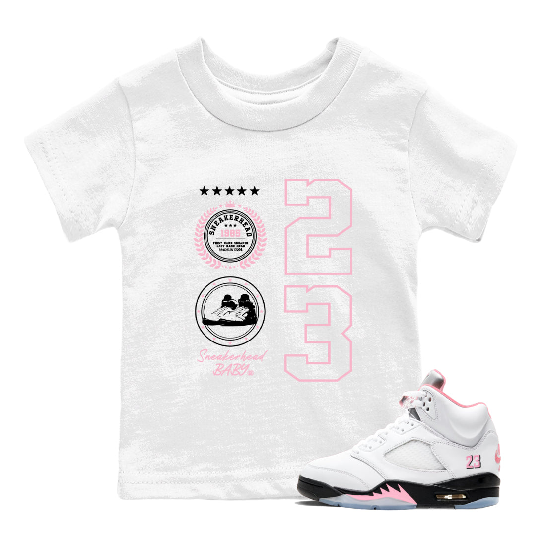 Sneaker Emblem baby and kids t-shirt crafted for little sneakerheads to shine with the Air Jordan 5 35th Anniversary sneakers, displayed in White 1.