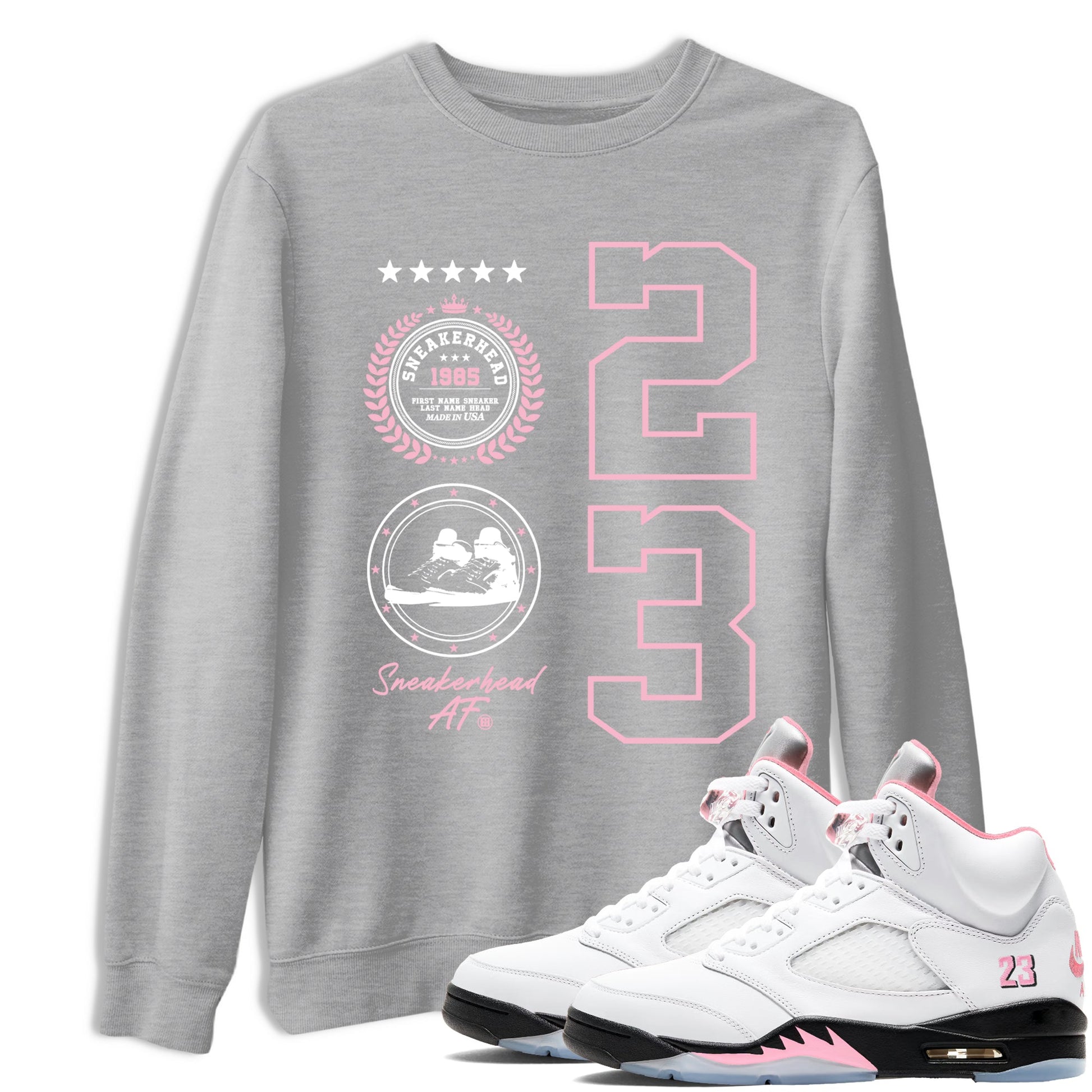 Sneaker Emblem sneaker match t-shirt styled to complete your fit with the Air Jordan 5 35th Anniversary sneakers, shown in Heather Grey 1.
