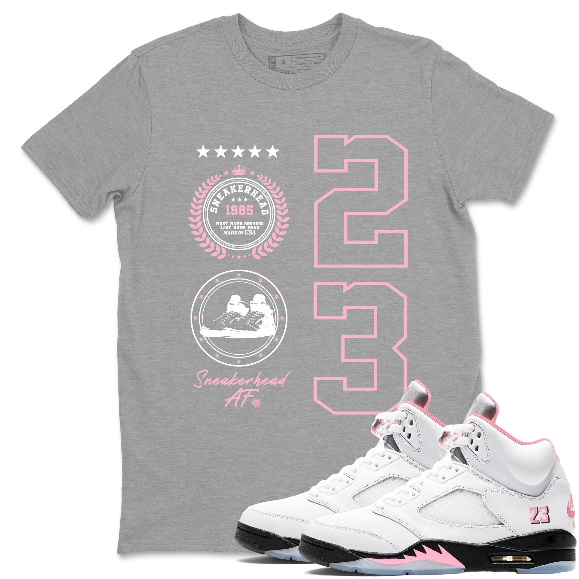 Sneaker Emblem sneaker match t-shirt styled to complete your fit with the Air Jordan 5 35th Anniversary sneakers, shown in Heather Grey 1.
