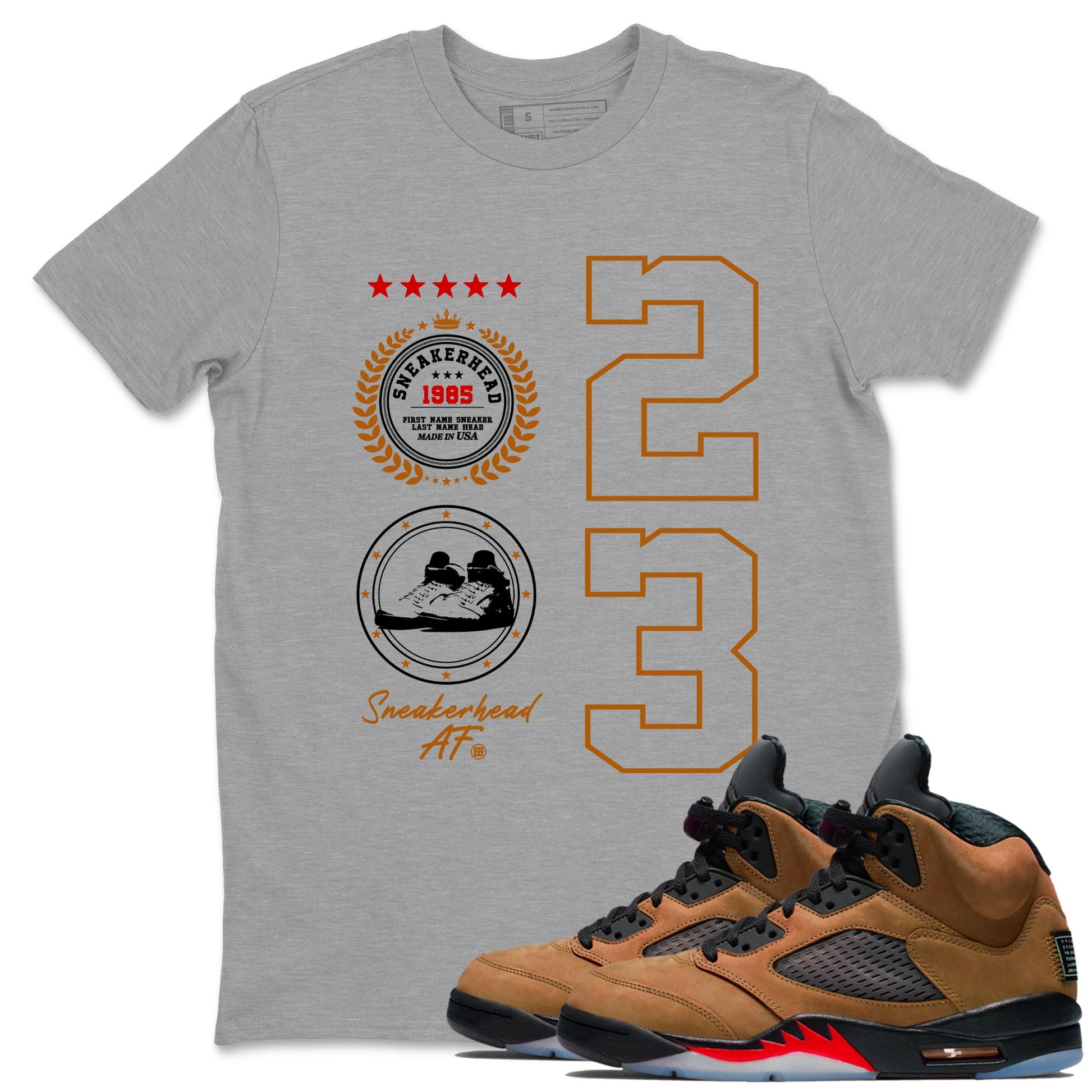 5s Archaeo Brown shirts to match jordans Sneaker Emblem sneaker match tees Air Jordan 5 Archaeo Brown SNRT Sneaker Release Tees unisex cotton Heather Grey 1 crew neck shirts