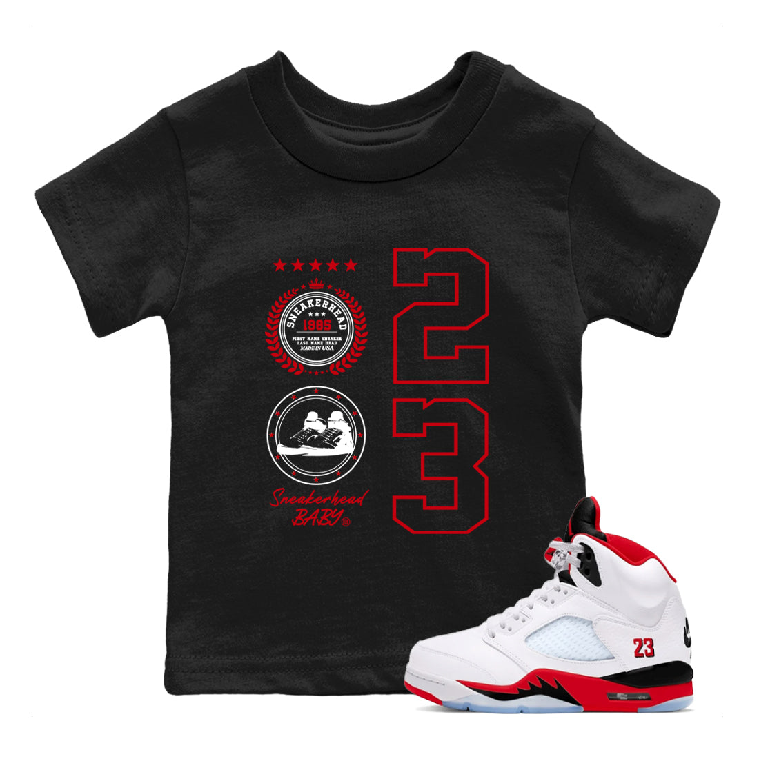5s Fire Red Sneaker match tees – Sneaker Tees To Match Jordan 5 Retro Fire Red Sneakers – Sneaker Emblem Kids Graphic T-Shirt Black 1