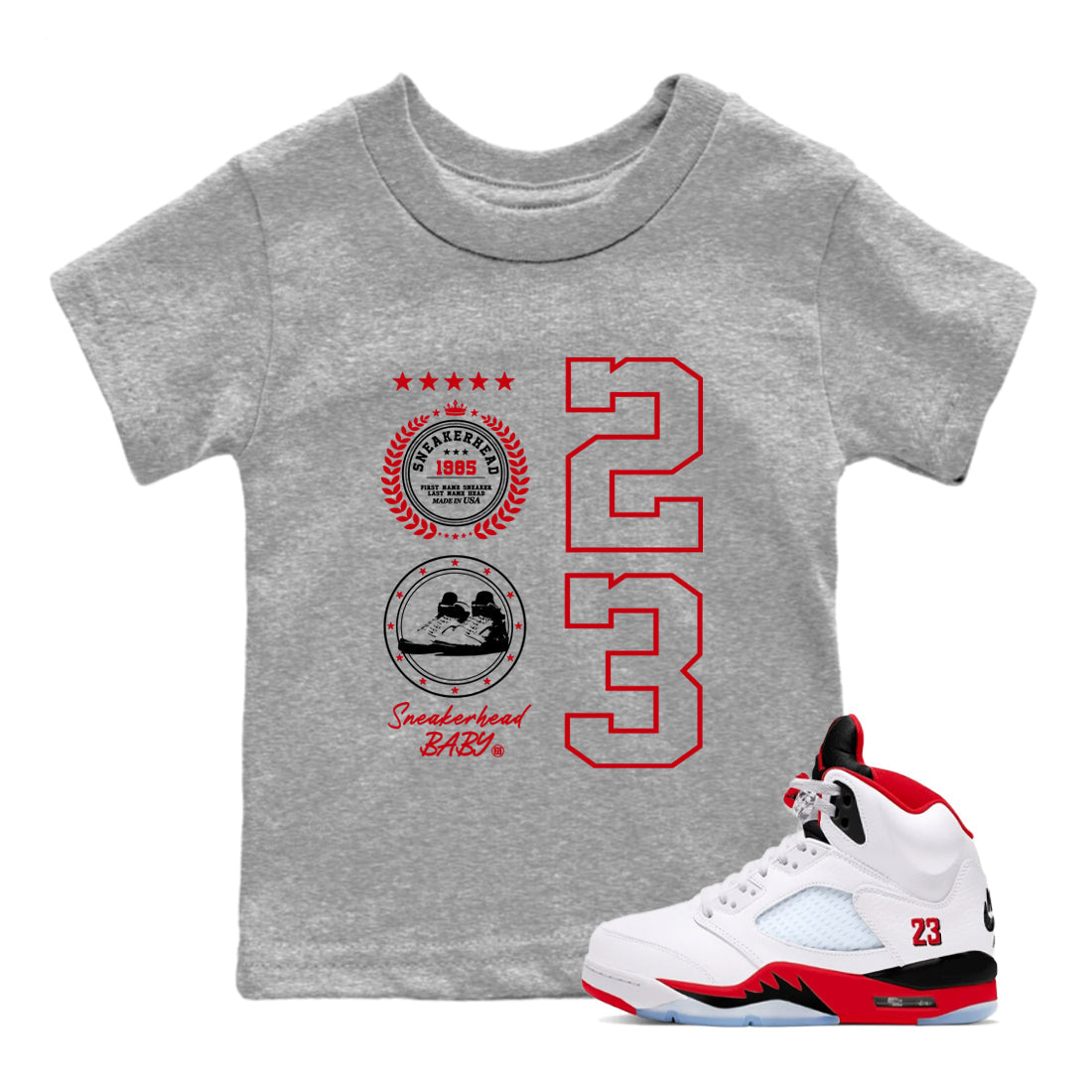 5s Fire Red Sneaker match tees – Sneaker Tees To Match Jordan 5 Retro Fire Red Sneakers – Sneaker Emblem Kids Graphic T-Shirt Heather Grey 1