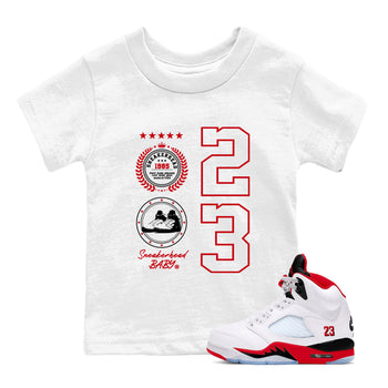 5s Fire Red Sneaker match tees – Sneaker Tees To Match Jordan 5 Retro Fire Red Sneakers – Sneaker Emblem Kids Graphic T-Shirt White 1