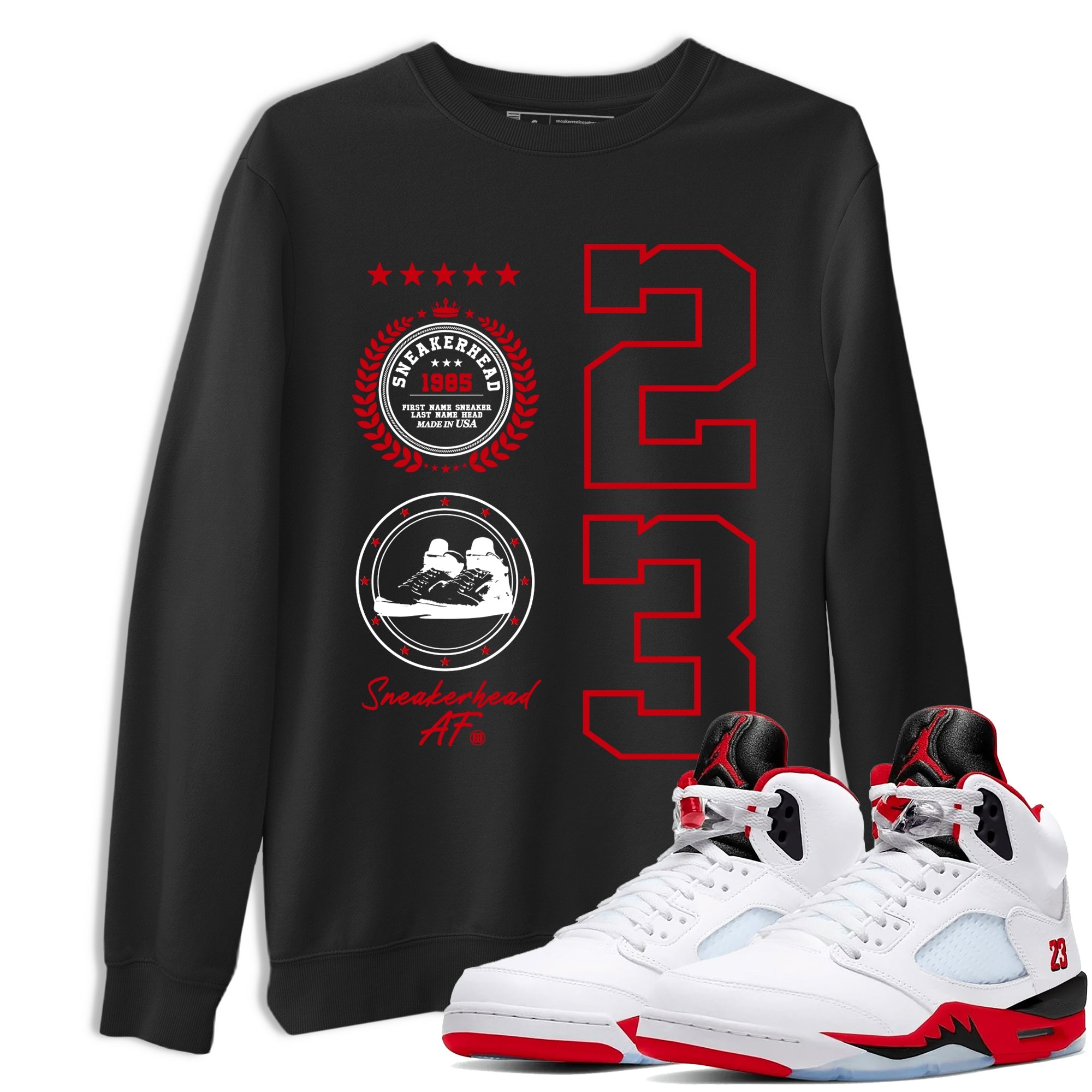 5s Fire Red Sneaker match tees – Sneaker Tees To Match Jordan 5 Retro Fire Red Sneakers – Sneaker Emblem Graphic Tee Black 1