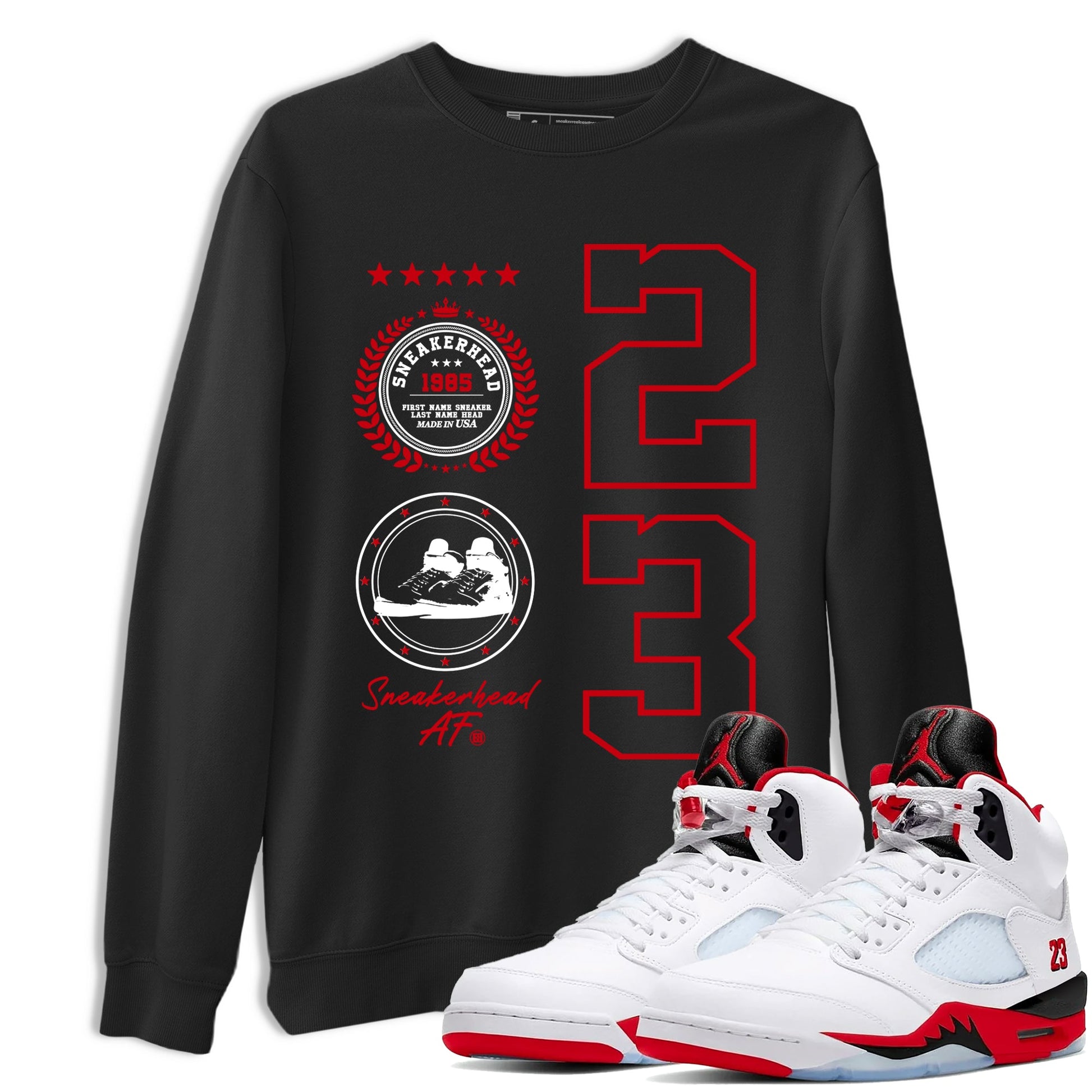 5s Fire Red Sneaker match tees – Sneaker Tees To Match Jordan 5 Retro Fire Red Sneakers – Sneaker Emblem Graphic Tee Black 1