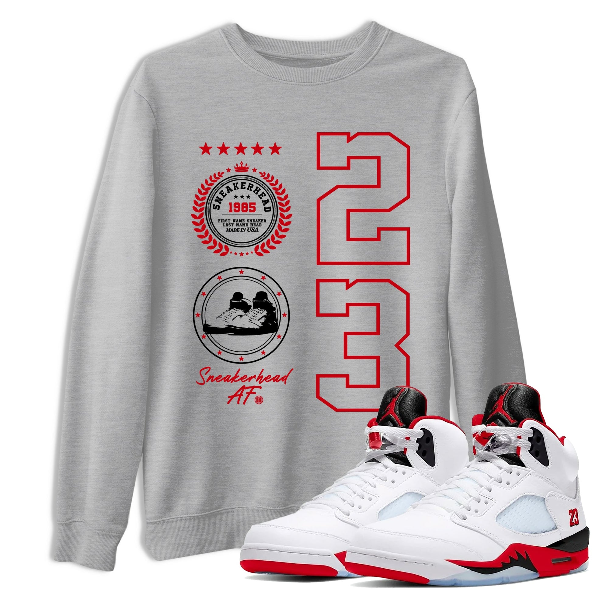 5s Fire Red Sneaker match tees – Sneaker Tees To Match Jordan 5 Retro Fire Red Sneakers – Sneaker Emblem Graphic Tee Heather Grey 1