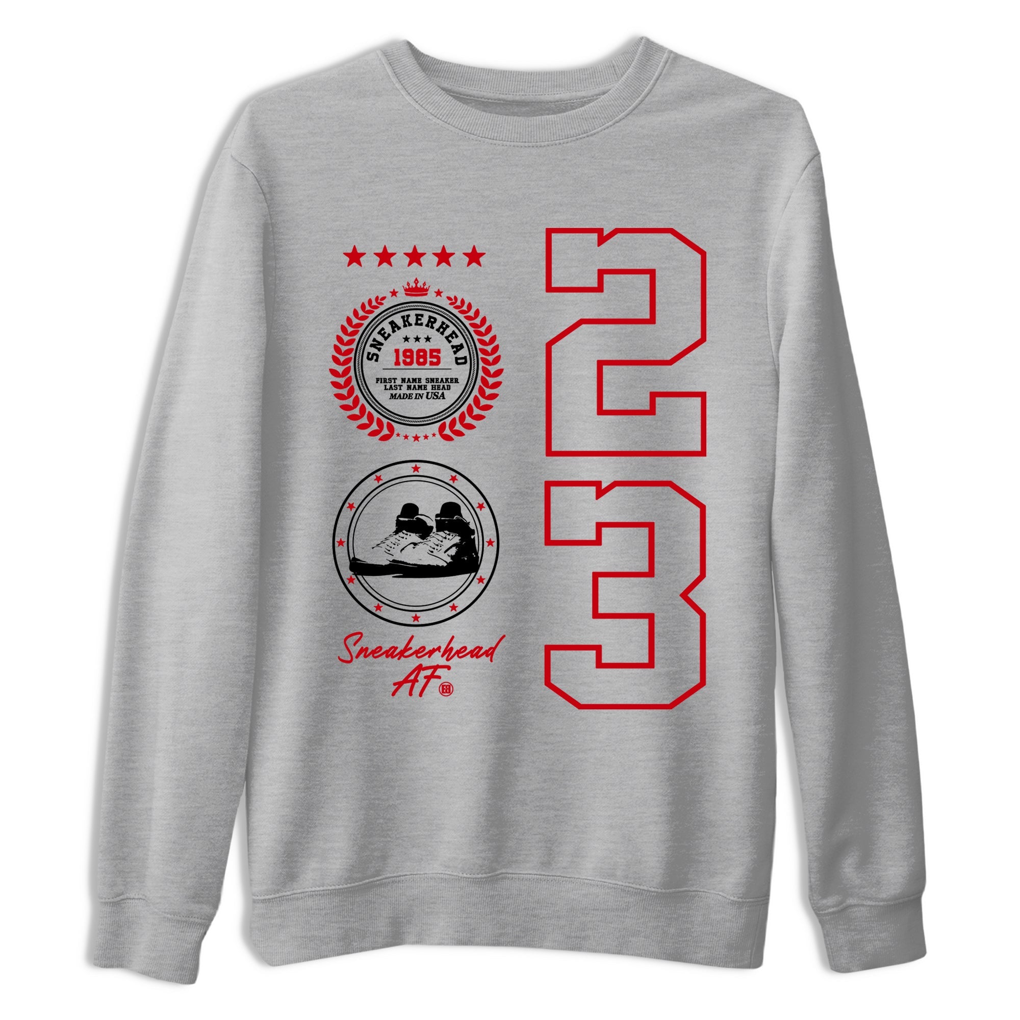 5s Fire Red Sneaker match tees – Sneaker Tees To Match Jordan 5 Retro Fire Red Sneakers – Sneaker Emblem Graphic Tee Heather Grey 2