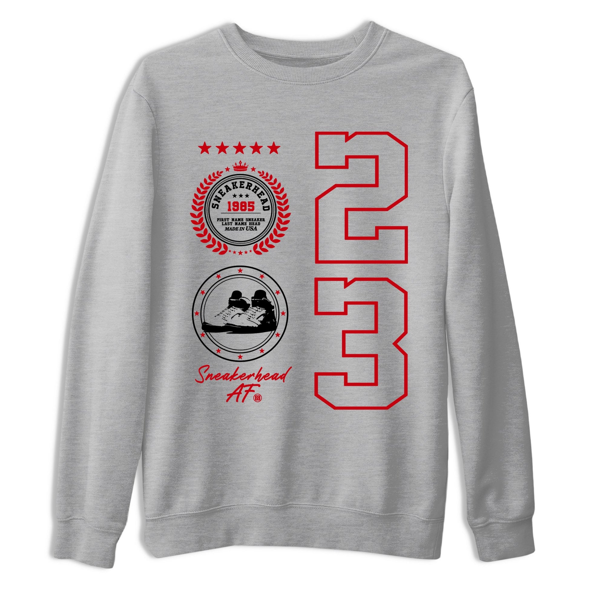 5s Fire Red Sneaker match tees – Sneaker Tees To Match Jordan 5 Retro Fire Red Sneakers – Sneaker Emblem Graphic Tee Heather Grey 2