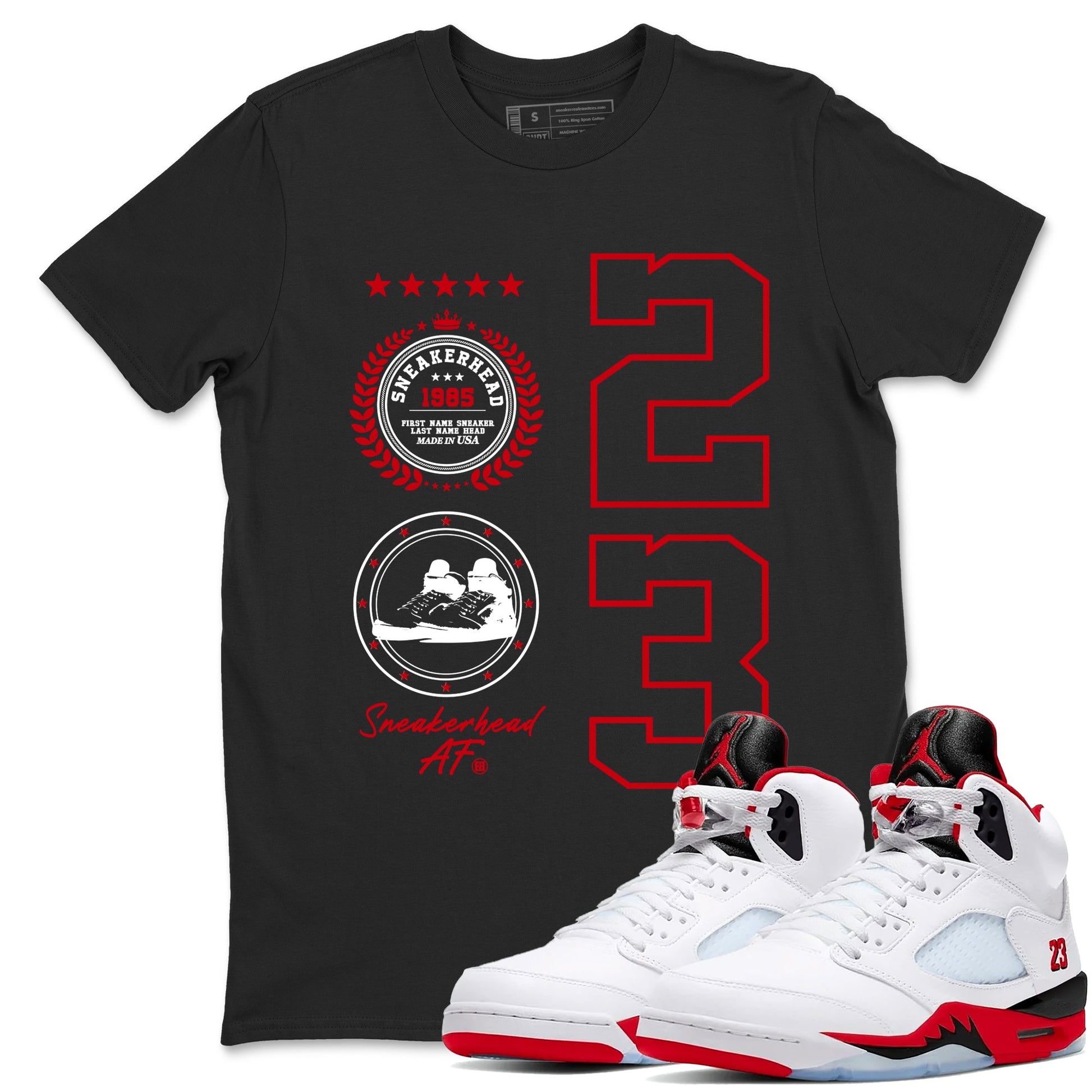 5s Fire Red Sneaker match tees – Sneaker Tees To Match Jordan 5 Retro Fire Red Sneakers – Sneaker Emblem Graphic Tee Black 1