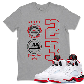 5s Fire Red Sneaker match tees – Sneaker Tees To Match Jordan 5 Retro Fire Red Sneakers – Sneaker Emblem Graphic Tee Heather Grey 1
