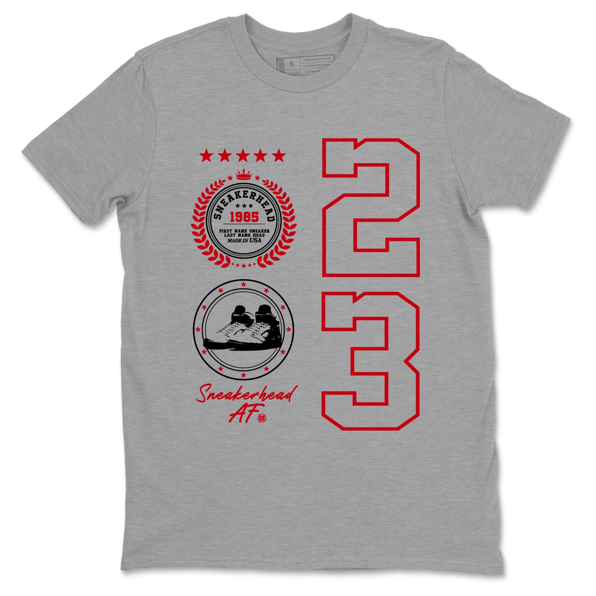 5s Fire Red Sneaker match tees – Sneaker Tees To Match Jordan 5 Retro Fire Red Sneakers – Sneaker Emblem Graphic Tee Heather Grey 2