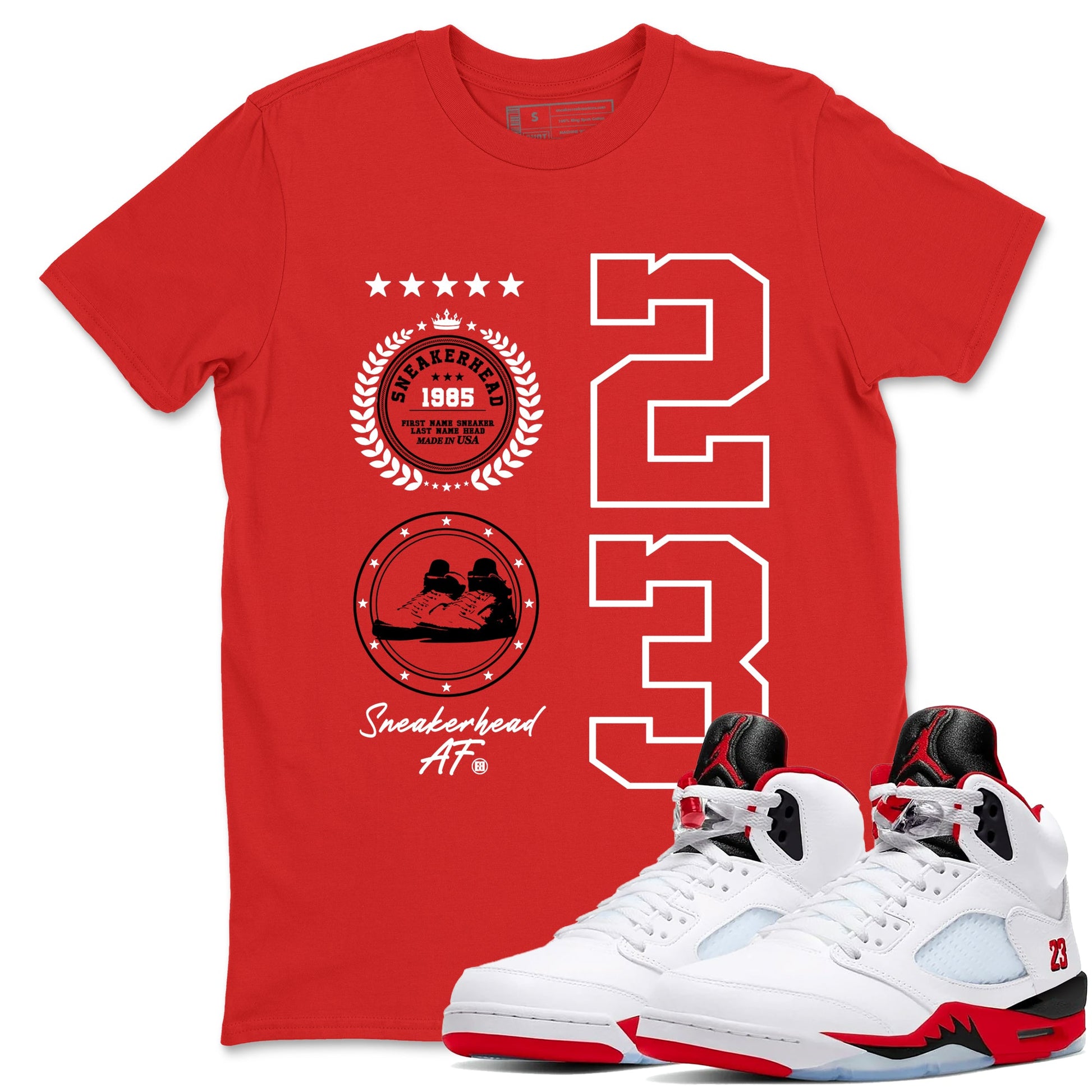 5s Fire Red Sneaker match tees – Sneaker Tees To Match Jordan 5 Retro Fire Red Sneakers – Sneaker Emblem Graphic Tee Red 1
