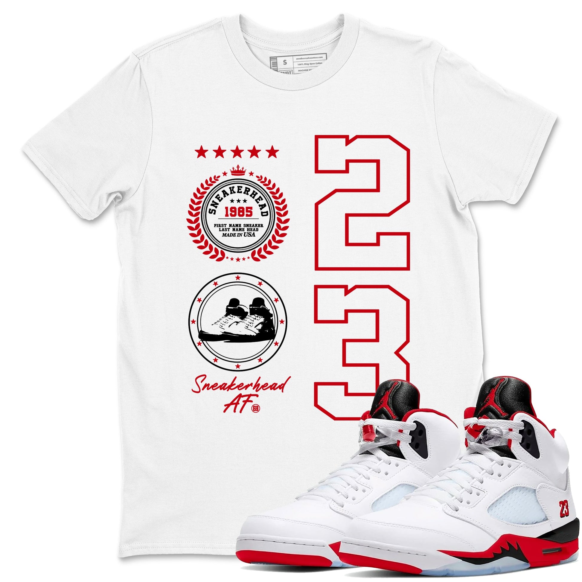 5s Fire Red Sneaker match tees – Sneaker Tees To Match Jordan 5 Retro Fire Red Sneakers – Sneaker Emblem Graphic Tee White 1