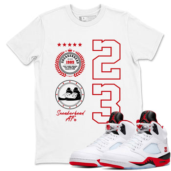 5s Fire Red Sneaker match tees – Sneaker Tees To Match Jordan 5 Retro Fire Red Sneakers – Sneaker Emblem Graphic Tee White 1