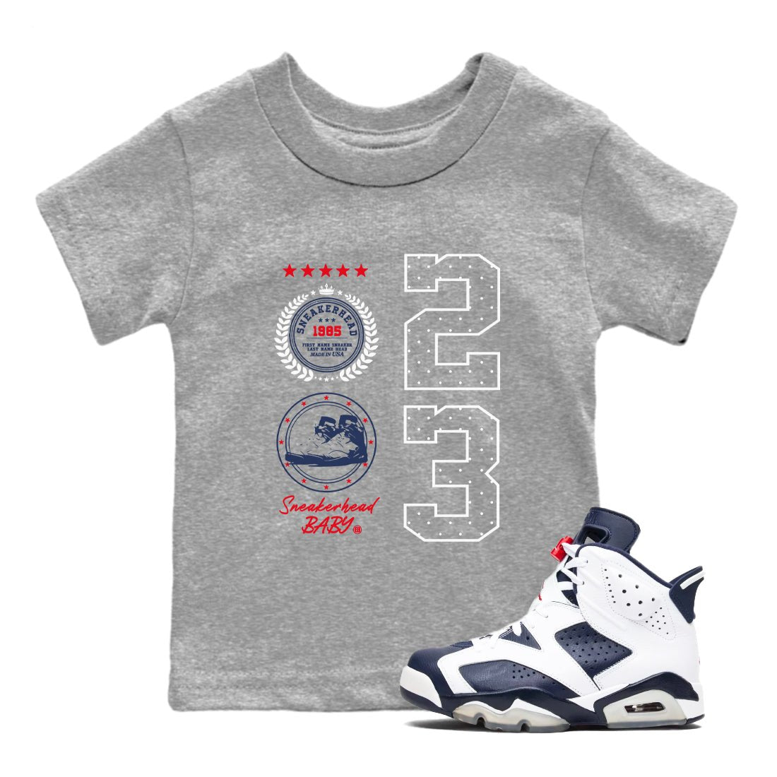 6s White And Midnight Navy shirts to match jordans Sneaker Emblem sneaker match tees Air Jordan 6 White And Midnight Navy SNRT Sneaker Tees streetwear brand Baby and Youth Heather Grey 1 cotton tee