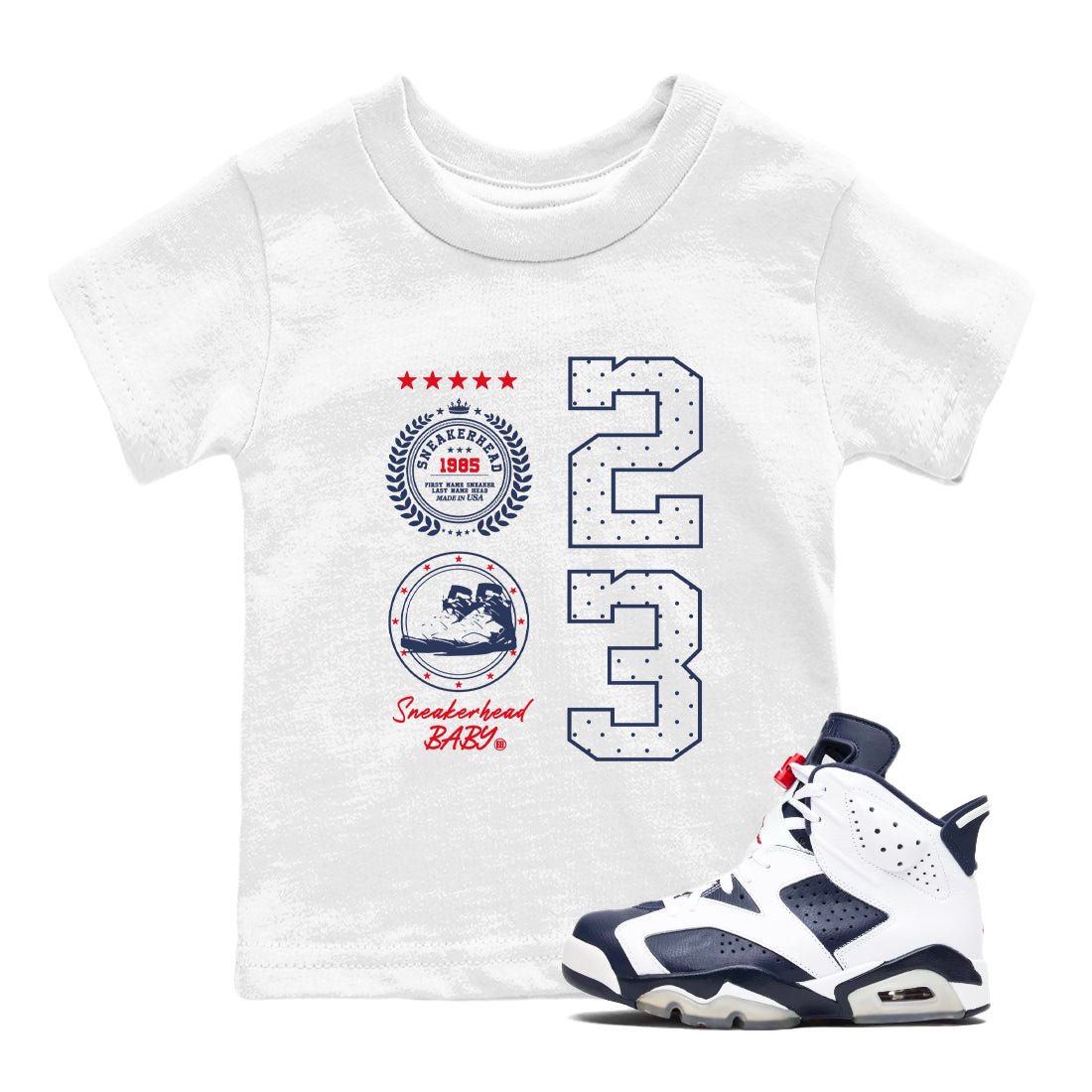 6s White And Midnight Navy shirts to match jordans Sneaker Emblem sneaker match tees Air Jordan 6 White And Midnight Navy SNRT Sneaker Tees streetwear brand Baby and Youth White 1 cotton tee
