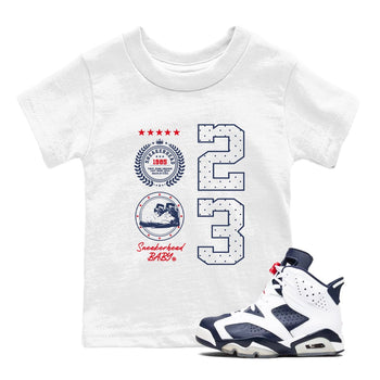 6s White And Midnight Navy shirts to match jordans Sneaker Emblem sneaker match tees Air Jordan 6 White And Midnight Navy SNRT Sneaker Tees streetwear brand Baby and Youth White 1 cotton tee