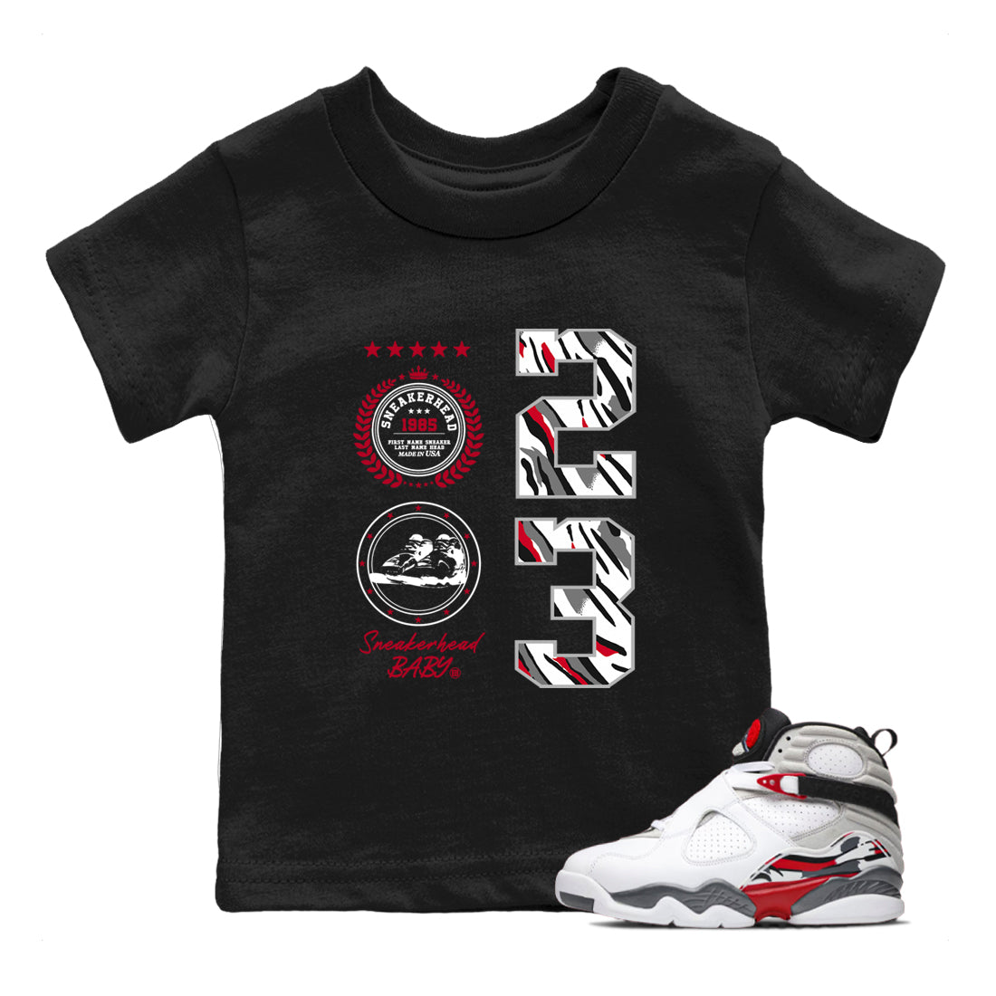 Sneaker match tees – Sneaker Tees To Match Air Jordan 8 Bunny Shoes Air Jordan 8 White and True Red – Sneaker Emblem Kids T-Shirt Black 1
