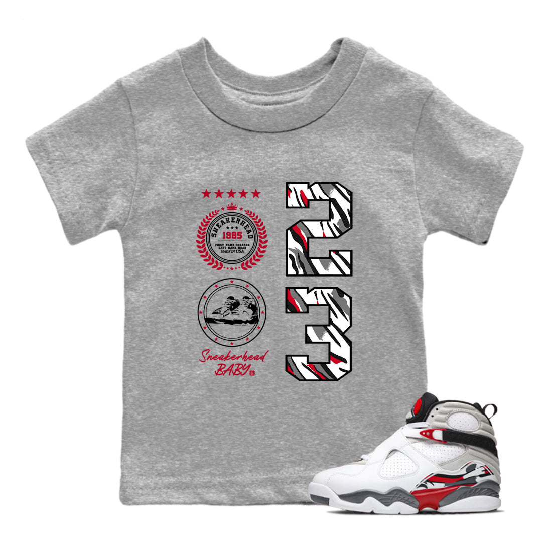 Sneaker match tees – Sneaker Tees To Match Air Jordan 8 Bunny Shoes Air Jordan 8 White and True Red – Sneaker Emblem Kids T-Shirt Heather Grey 1