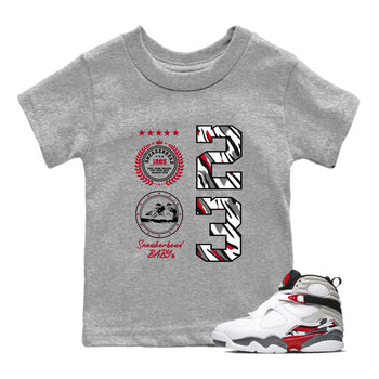 Sneaker match tees – Sneaker Tees To Match Air Jordan 8 Bunny Shoes Air Jordan 8 White and True Red – Sneaker Emblem Kids T-Shirt Heather Grey 1