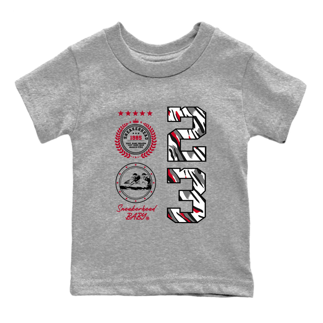 Sneaker match tees – Sneaker Tees To Match Air Jordan 8 Bunny Shoes Air Jordan 8 White and True Red – Sneaker Emblem Kids T-Shirt Heather Grey 2