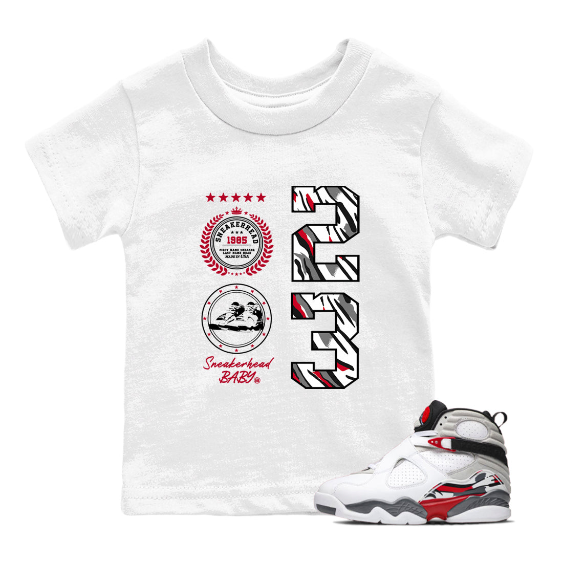 Sneaker match tees – Sneaker Tees To Match Air Jordan 8 Bunny Shoes Air Jordan 8 White and True Red – Sneaker Emblem Kids T-Shirt White 1