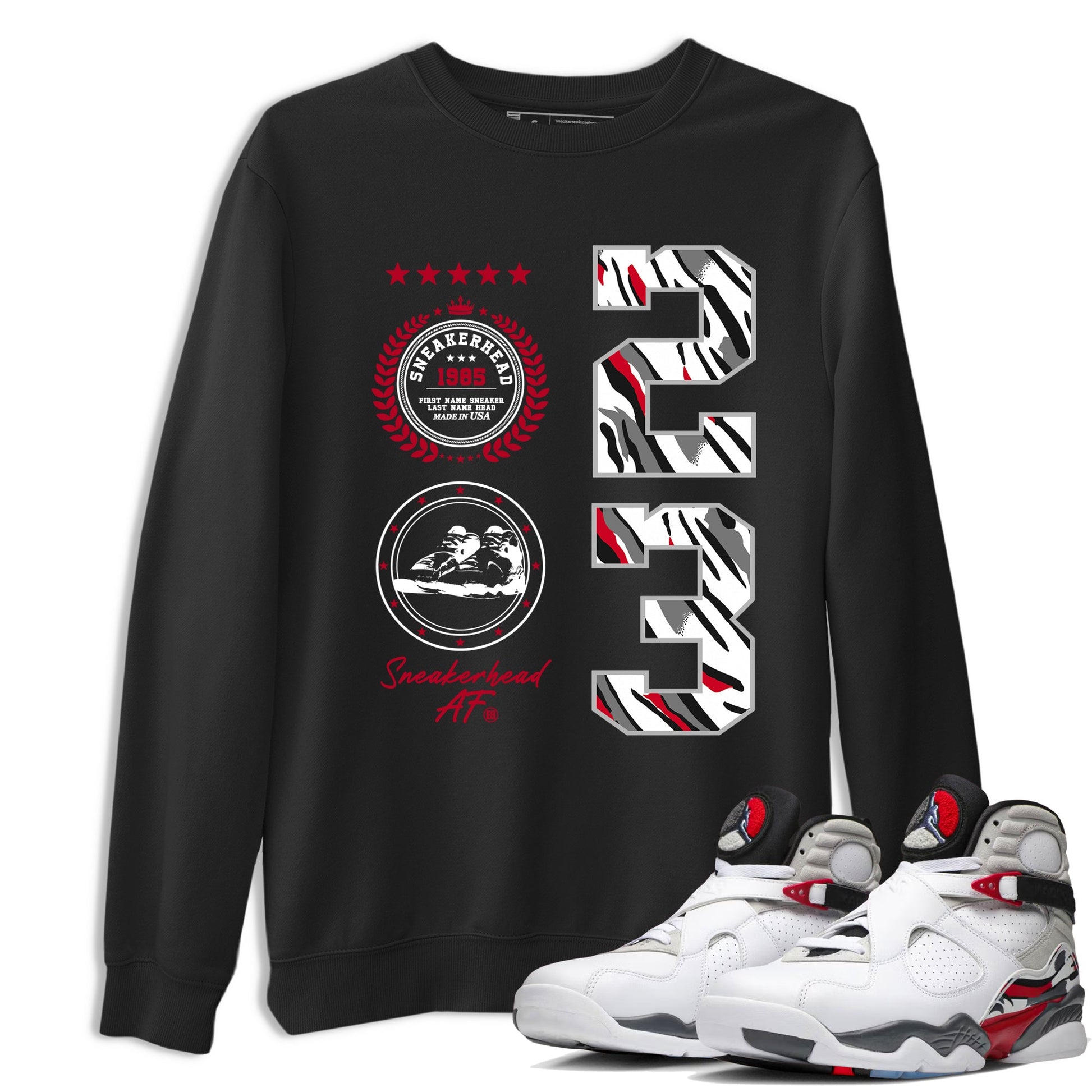 Sneaker match tees – Sneaker Tees To Match Air Jordan 8 Bunny Shoes Air Jordan 8 White and True Red – Sneaker Emblem Tee Black 1