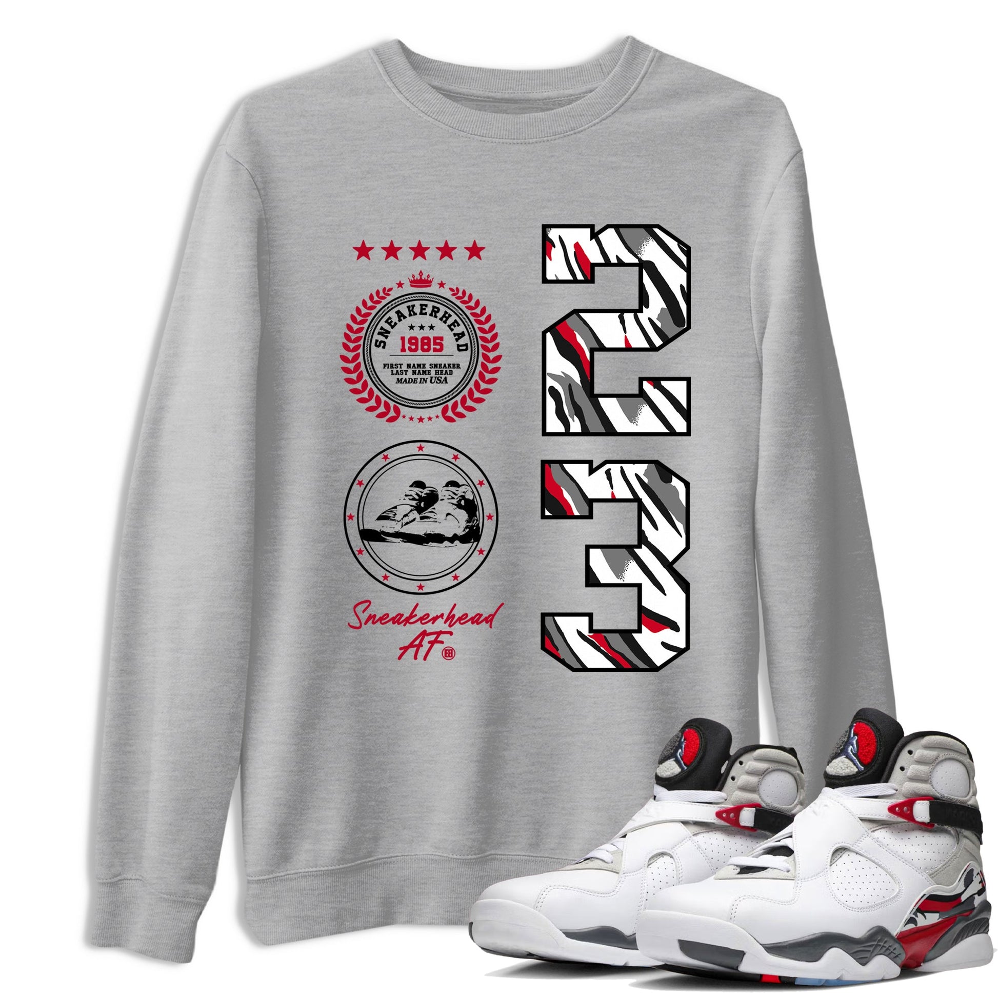 Sneaker match tees – Sneaker Tees To Match Air Jordan 8 Bunny Shoes Air Jordan 8 White and True Red – Sneaker Emblem Tee Heather Grey 1