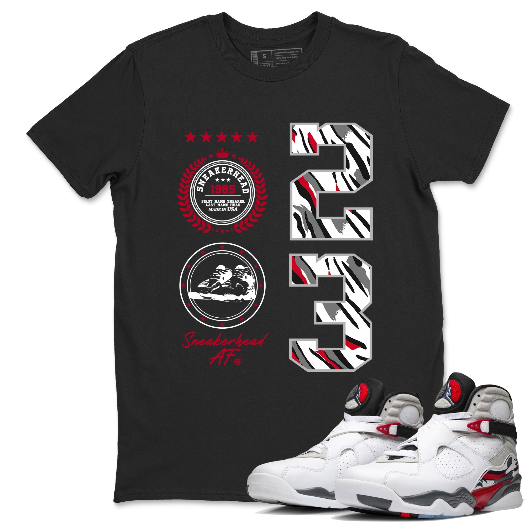 Sneaker match tees – Sneaker Tees To Match Air Jordan 8 Bunny Shoes Air Jordan 8 White and True Red – Sneaker Emblem Tee Black 1