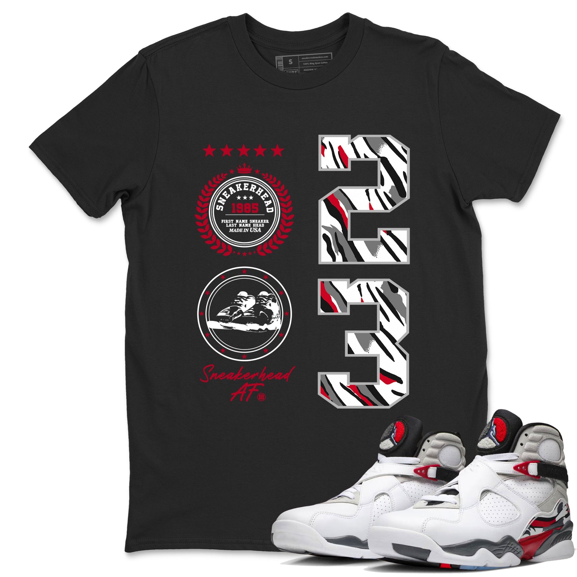 Sneaker match tees – Sneaker Tees To Match Air Jordan 8 Bunny Shoes Air Jordan 8 White and True Red – Sneaker Emblem Tee Black 1