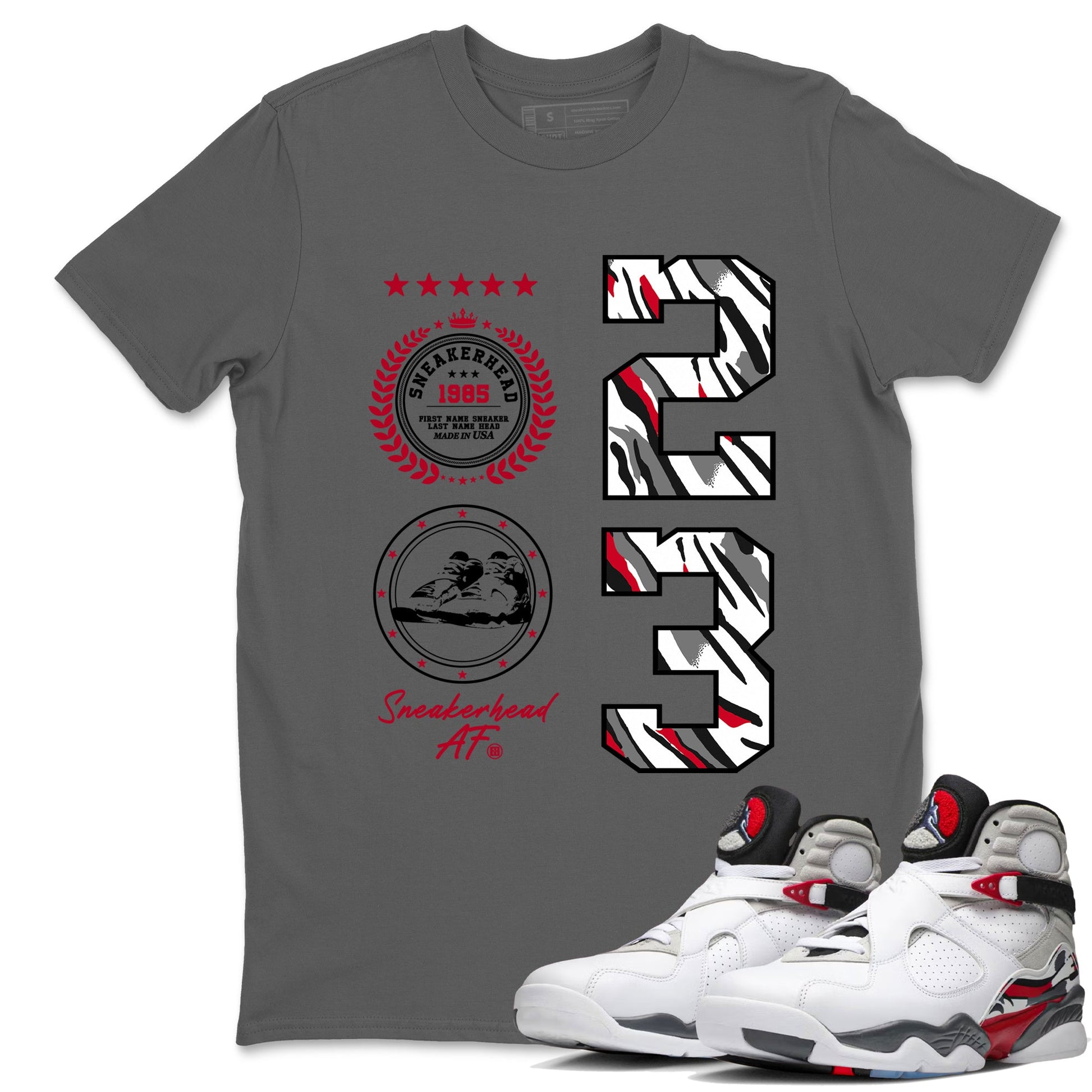 Sneaker match tees – Sneaker Tees To Match Air Jordan 8 Bunny Shoes Air Jordan 8 White and True Red – Sneaker Emblem Tee Cool Grey 1