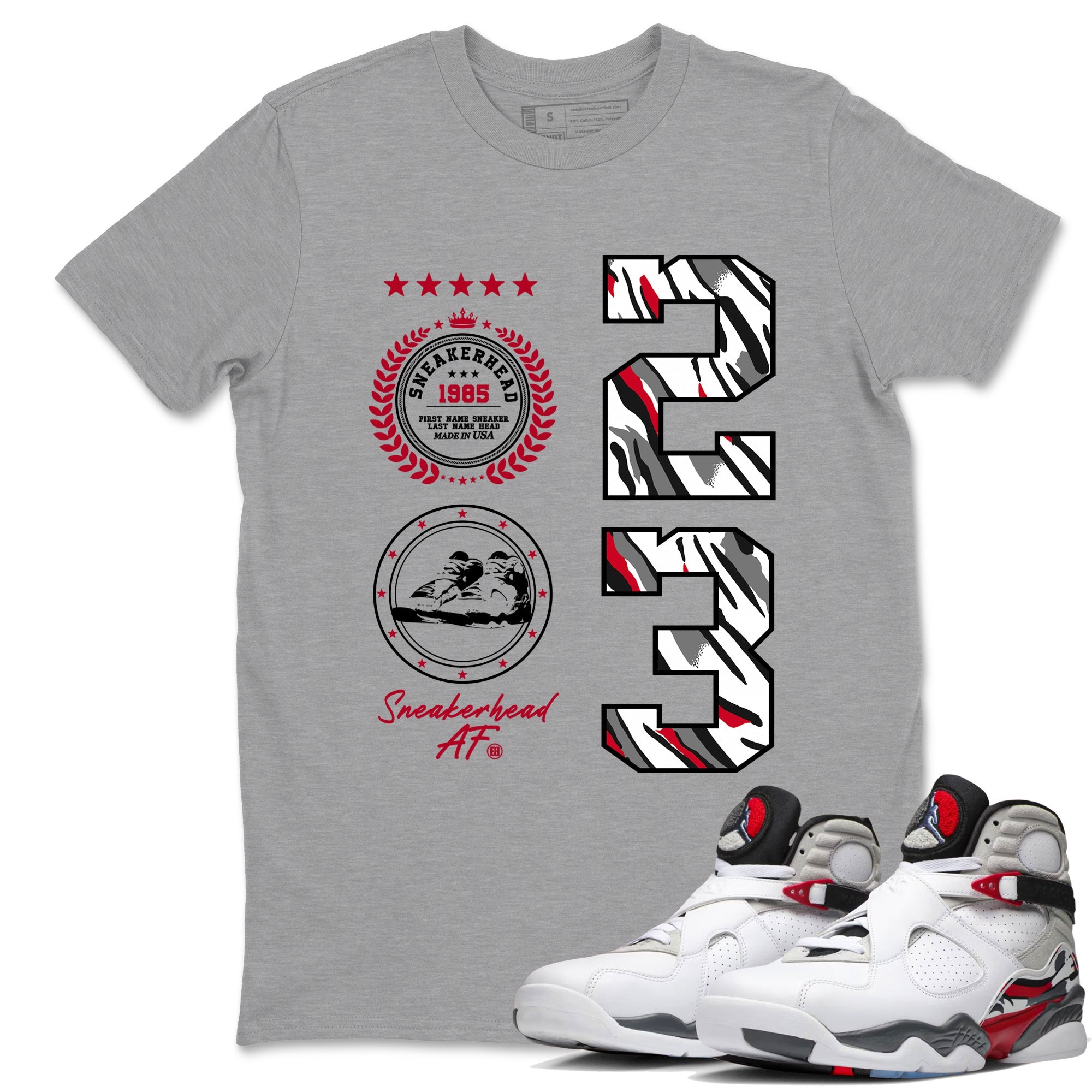 Sneaker match tees – Sneaker Tees To Match Air Jordan 8 Bunny Shoes Air Jordan 8 White and True Red – Sneaker Emblem Tee Heather Grey 1
