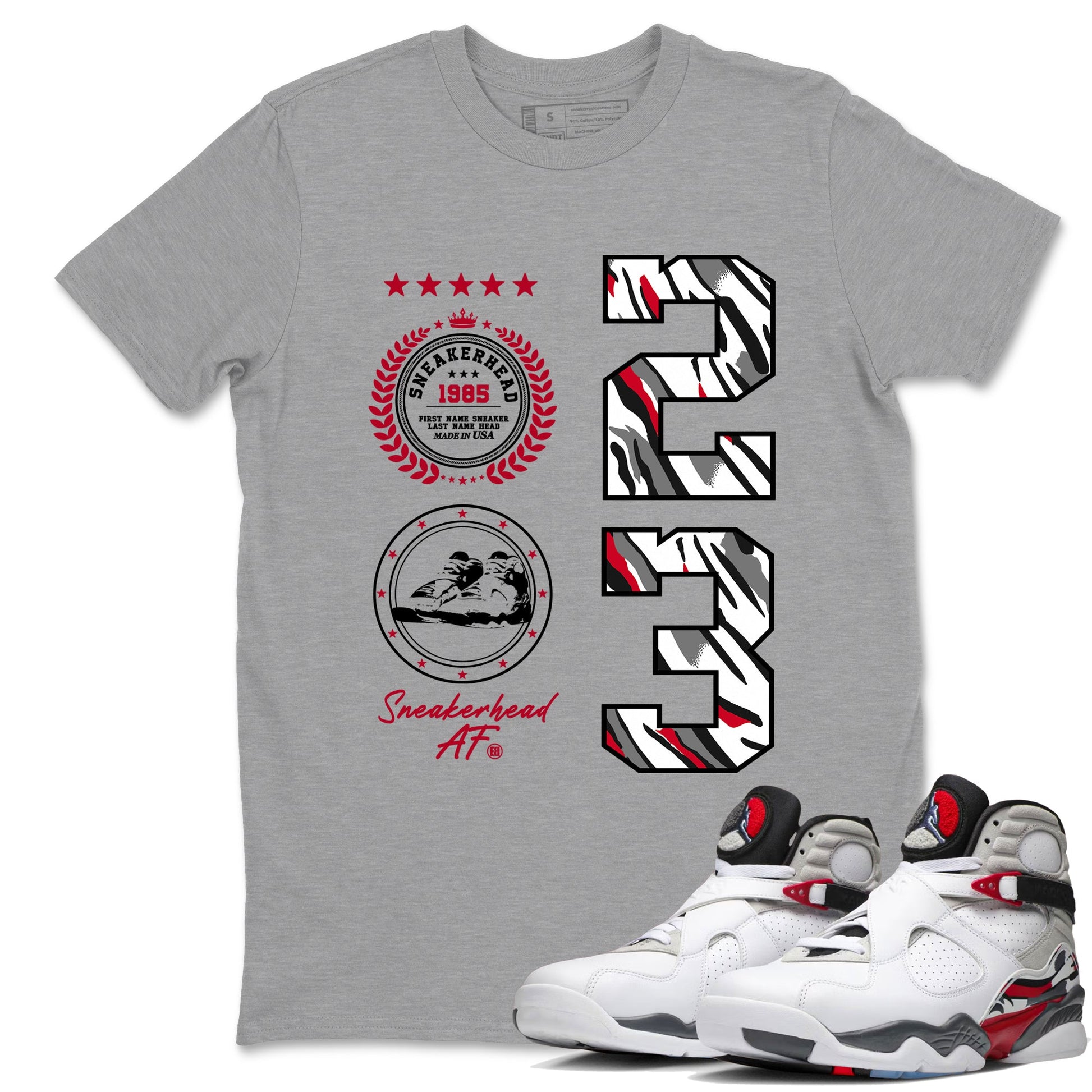 Sneaker match tees – Sneaker Tees To Match Air Jordan 8 Bunny Shoes Air Jordan 8 White and True Red – Sneaker Emblem Tee Heather Grey 1