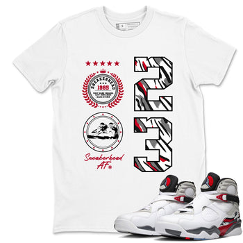 Sneaker match tees – Sneaker Tees To Match Air Jordan 8 Bunny Shoes Air Jordan 8 White and True Red – Sneaker Emblem Tee White 1