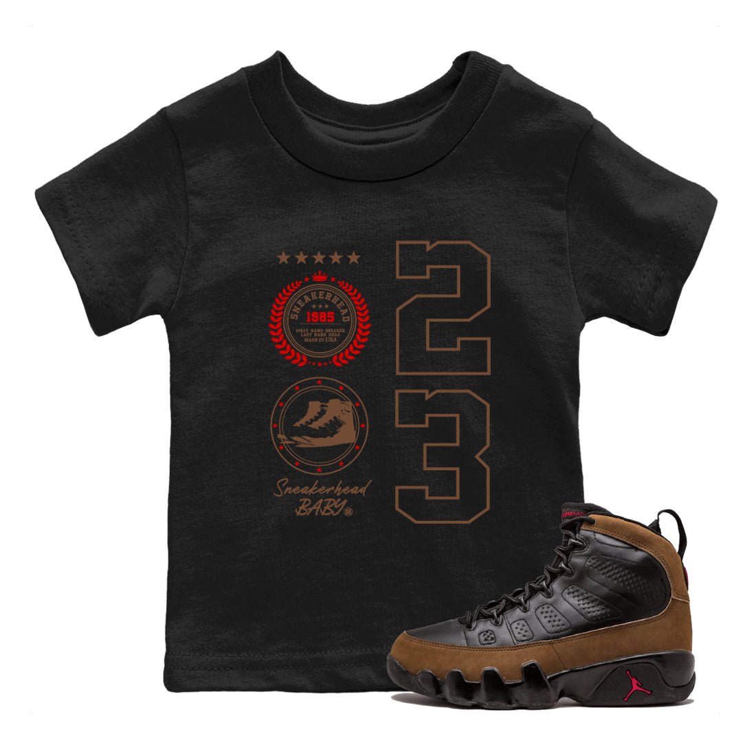 9s Olive shirts to match jordans Sneaker Emblem sneaker match tees Air Jordan 9 Olive match shoes to clothes SNRT Sneaker Tees Youth Baby Black 1 tee