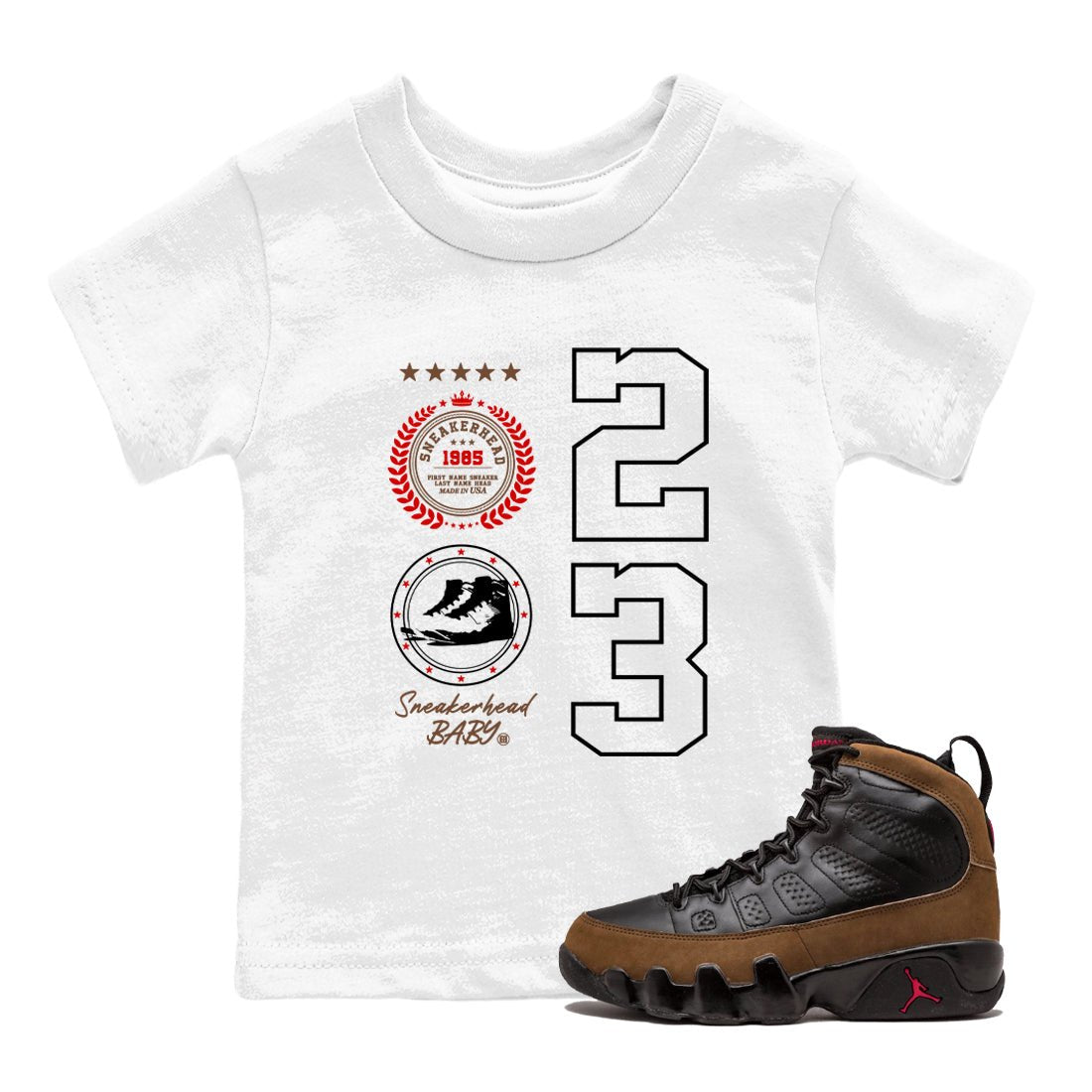 9s Olive shirts to match jordans Sneaker Emblem sneaker match tees Air Jordan 9 Olive match shoes to clothes SNRT Sneaker Tees Youth Baby White 1 tee