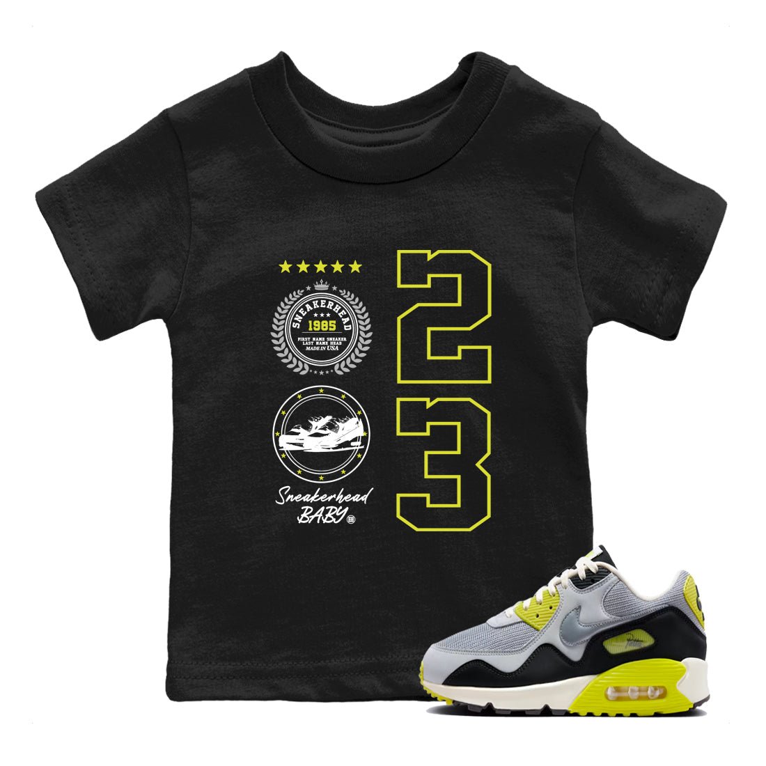 Sneaker Emblem baby and kids t-shirt crafted for little sneakerheads to shine with the Air Max 90 Cyber sneakers, displayed in Black 1.