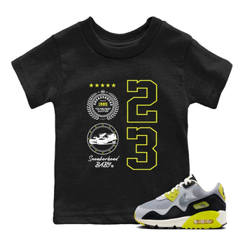 Sneaker Emblem baby and kids t-shirt crafted for little sneakerheads to shine with the Air Max 90 Cyber sneakers, displayed in Black 1.